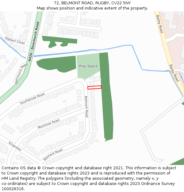 72, BELMONT ROAD, RUGBY, CV22 5NY: Location map and indicative extent of plot