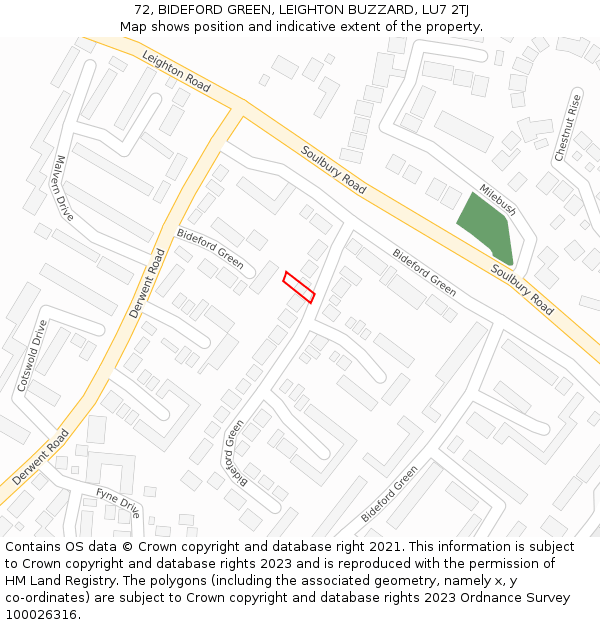 72, BIDEFORD GREEN, LEIGHTON BUZZARD, LU7 2TJ: Location map and indicative extent of plot