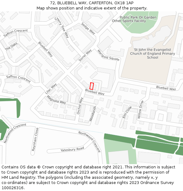 72, BLUEBELL WAY, CARTERTON, OX18 1AP: Location map and indicative extent of plot