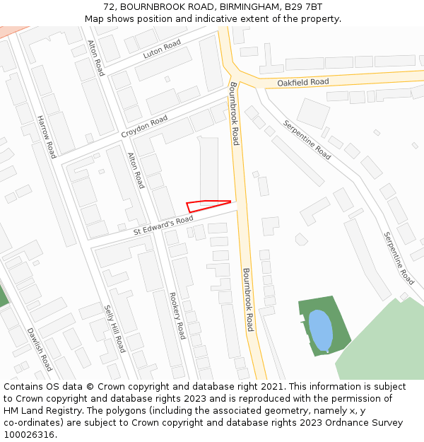 72, BOURNBROOK ROAD, BIRMINGHAM, B29 7BT: Location map and indicative extent of plot