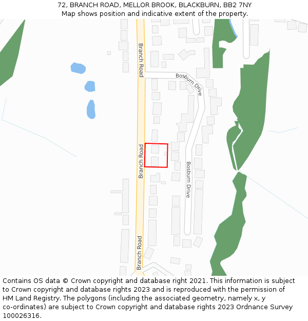 72, BRANCH ROAD, MELLOR BROOK, BLACKBURN, BB2 7NY: Location map and indicative extent of plot