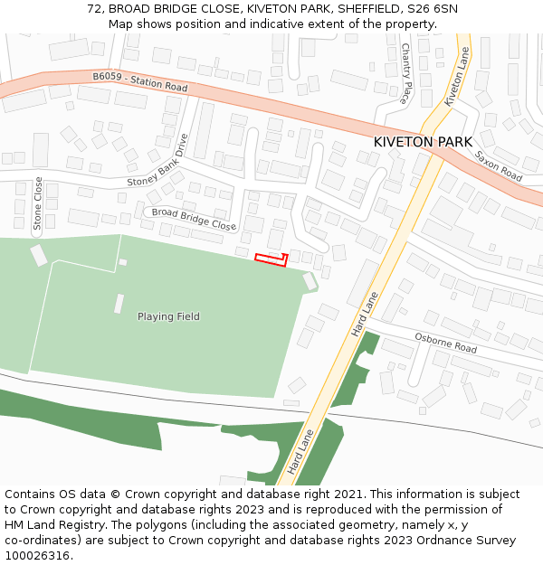 72, BROAD BRIDGE CLOSE, KIVETON PARK, SHEFFIELD, S26 6SN: Location map and indicative extent of plot