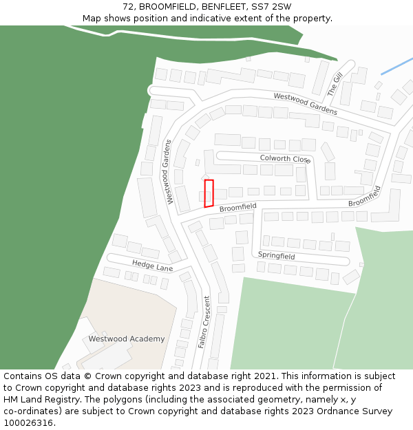 72, BROOMFIELD, BENFLEET, SS7 2SW: Location map and indicative extent of plot