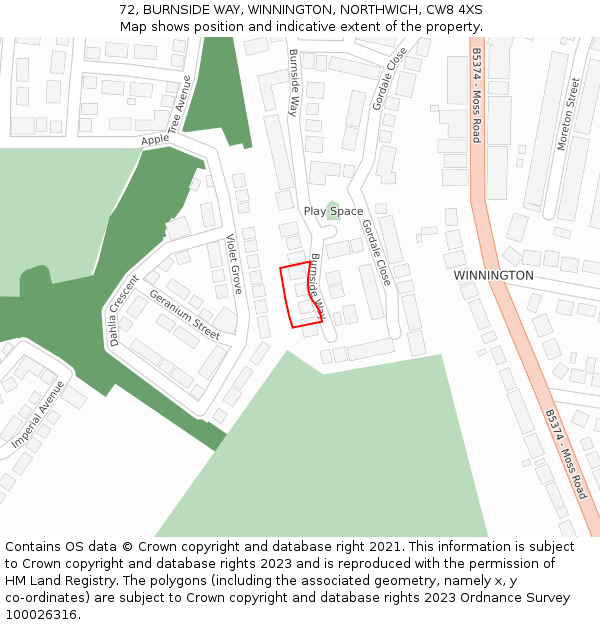 72, BURNSIDE WAY, WINNINGTON, NORTHWICH, CW8 4XS: Location map and indicative extent of plot