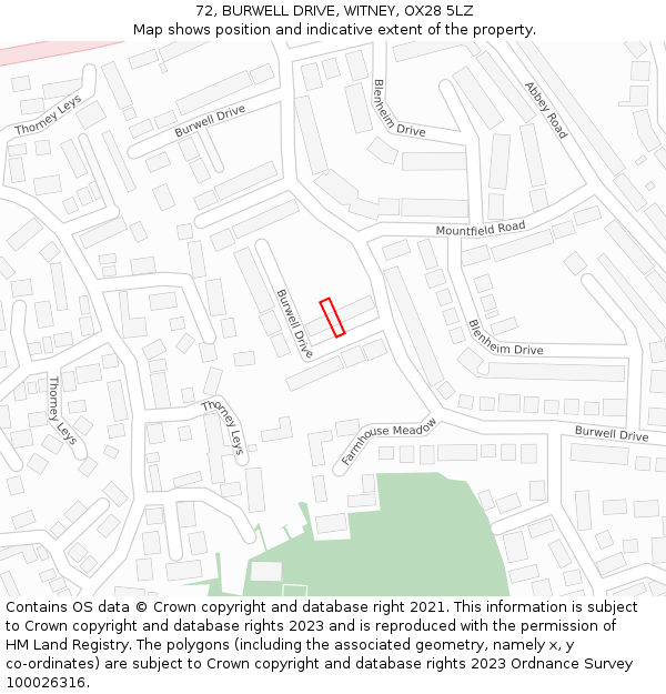 72, BURWELL DRIVE, WITNEY, OX28 5LZ: Location map and indicative extent of plot