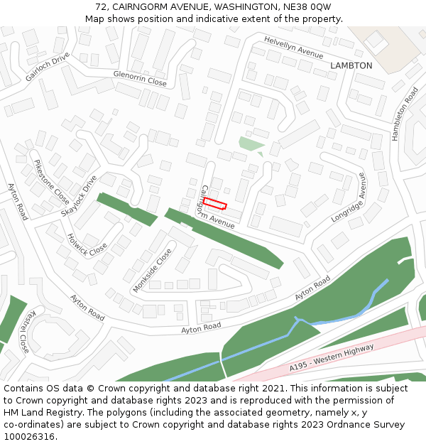 72, CAIRNGORM AVENUE, WASHINGTON, NE38 0QW: Location map and indicative extent of plot