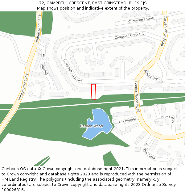 72, CAMPBELL CRESCENT, EAST GRINSTEAD, RH19 1JS: Location map and indicative extent of plot