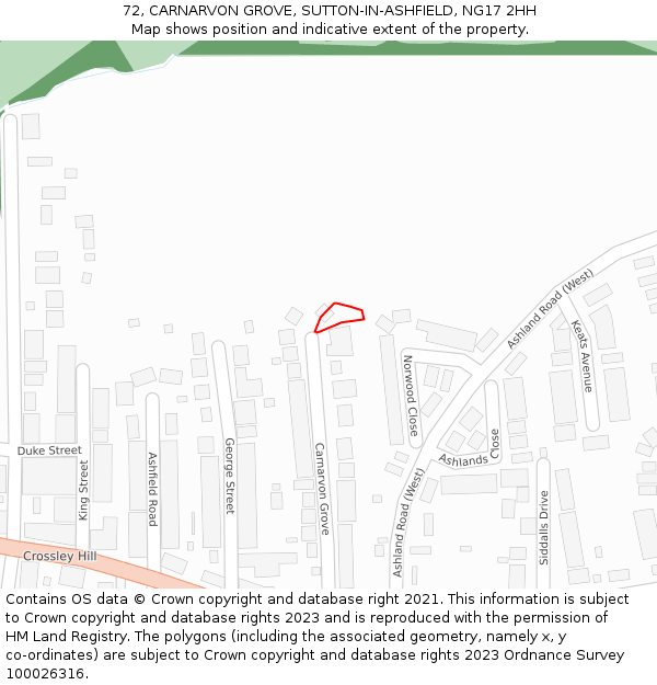 72, CARNARVON GROVE, SUTTON-IN-ASHFIELD, NG17 2HH: Location map and indicative extent of plot
