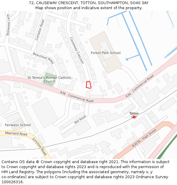 72, CAUSEWAY CRESCENT, TOTTON, SOUTHAMPTON, SO40 3AY: Location map and indicative extent of plot