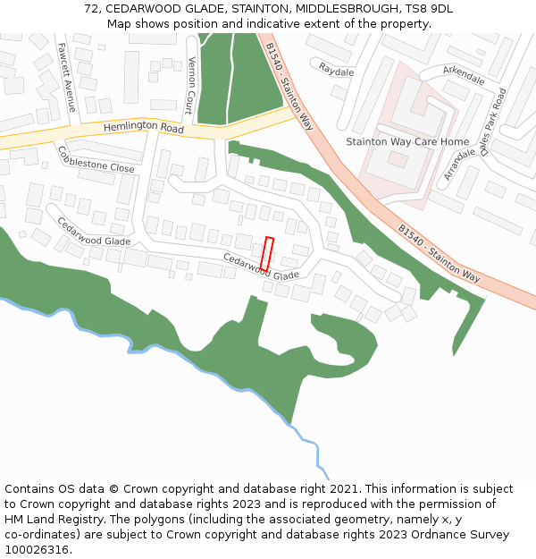 72, CEDARWOOD GLADE, STAINTON, MIDDLESBROUGH, TS8 9DL: Location map and indicative extent of plot