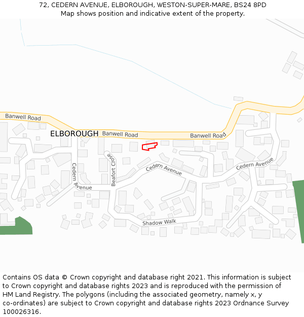 72, CEDERN AVENUE, ELBOROUGH, WESTON-SUPER-MARE, BS24 8PD: Location map and indicative extent of plot