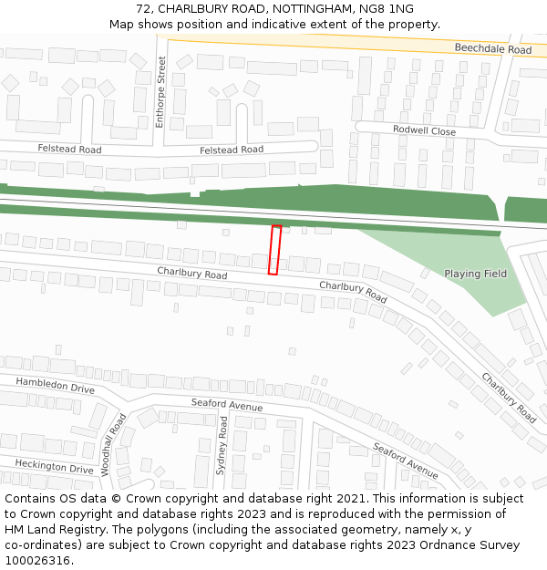 72, CHARLBURY ROAD, NOTTINGHAM, NG8 1NG: Location map and indicative extent of plot