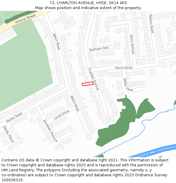 72, CHARLTON AVENUE, HYDE, SK14 4ES: Location map and indicative extent of plot