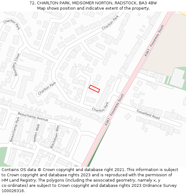 72, CHARLTON PARK, MIDSOMER NORTON, RADSTOCK, BA3 4BW: Location map and indicative extent of plot