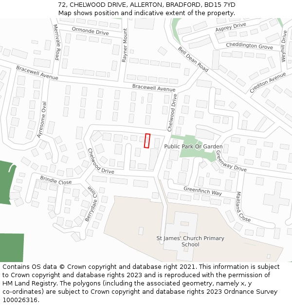 72, CHELWOOD DRIVE, ALLERTON, BRADFORD, BD15 7YD: Location map and indicative extent of plot