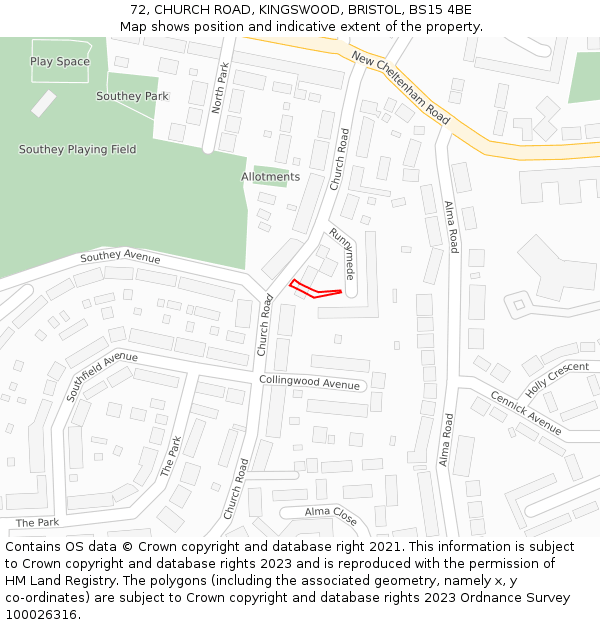 72, CHURCH ROAD, KINGSWOOD, BRISTOL, BS15 4BE: Location map and indicative extent of plot