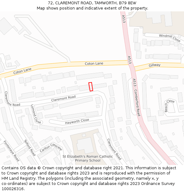 72, CLAREMONT ROAD, TAMWORTH, B79 8EW: Location map and indicative extent of plot