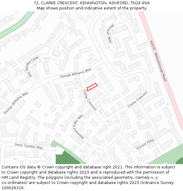 72, CLARKE CRESCENT, KENNINGTON, ASHFORD, TN24 9SA: Location map and indicative extent of plot