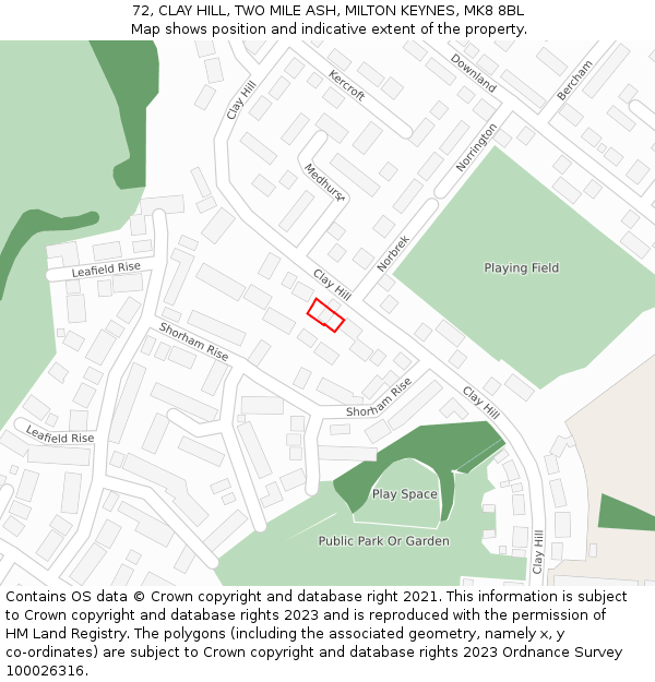 72, CLAY HILL, TWO MILE ASH, MILTON KEYNES, MK8 8BL: Location map and indicative extent of plot