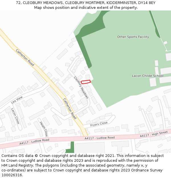 72, CLEOBURY MEADOWS, CLEOBURY MORTIMER, KIDDERMINSTER, DY14 8EY: Location map and indicative extent of plot