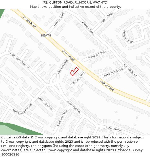 72, CLIFTON ROAD, RUNCORN, WA7 4TD: Location map and indicative extent of plot