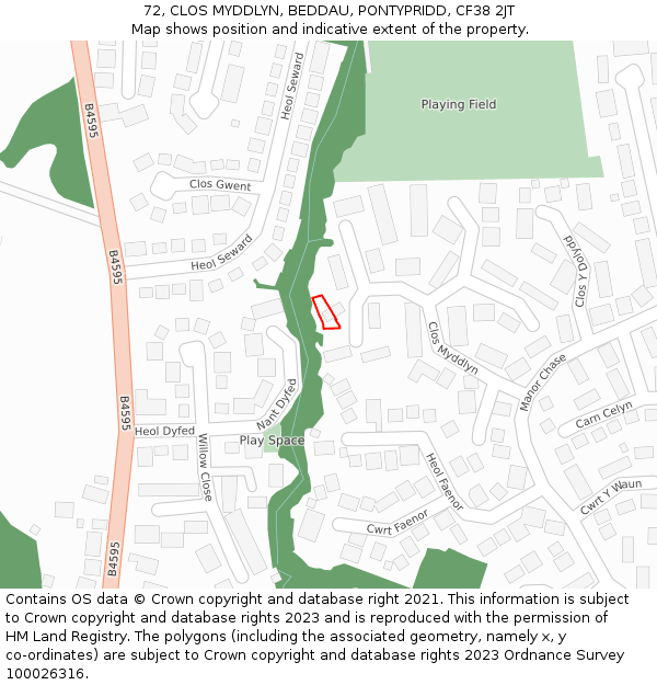 72, CLOS MYDDLYN, BEDDAU, PONTYPRIDD, CF38 2JT: Location map and indicative extent of plot