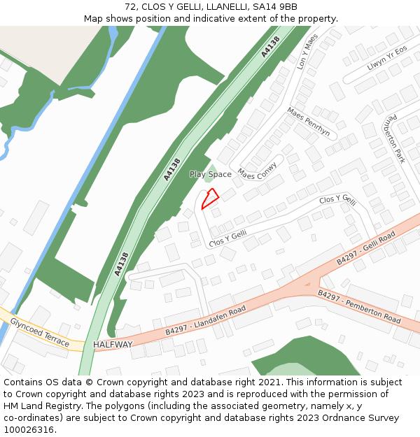 72, CLOS Y GELLI, LLANELLI, SA14 9BB: Location map and indicative extent of plot