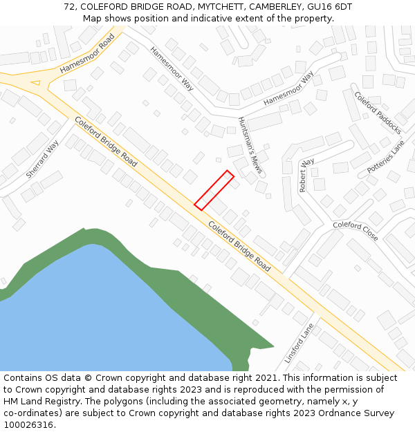 72, COLEFORD BRIDGE ROAD, MYTCHETT, CAMBERLEY, GU16 6DT: Location map and indicative extent of plot