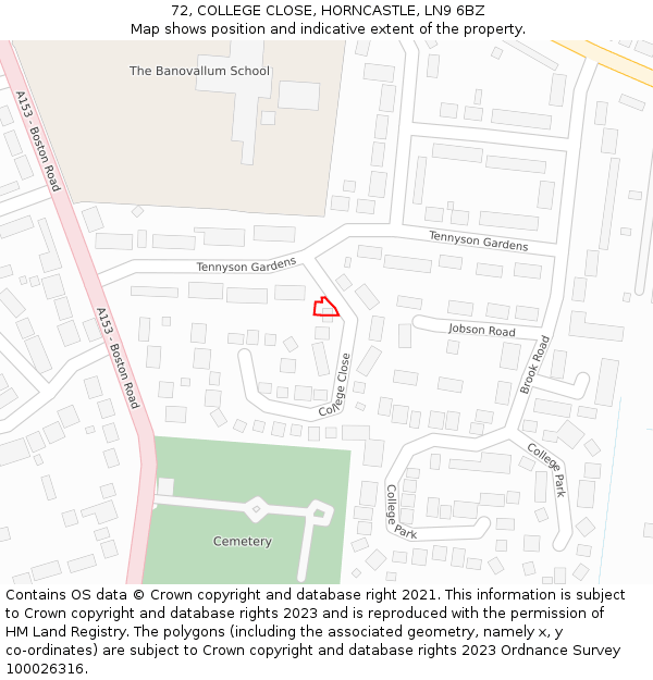 72, COLLEGE CLOSE, HORNCASTLE, LN9 6BZ: Location map and indicative extent of plot