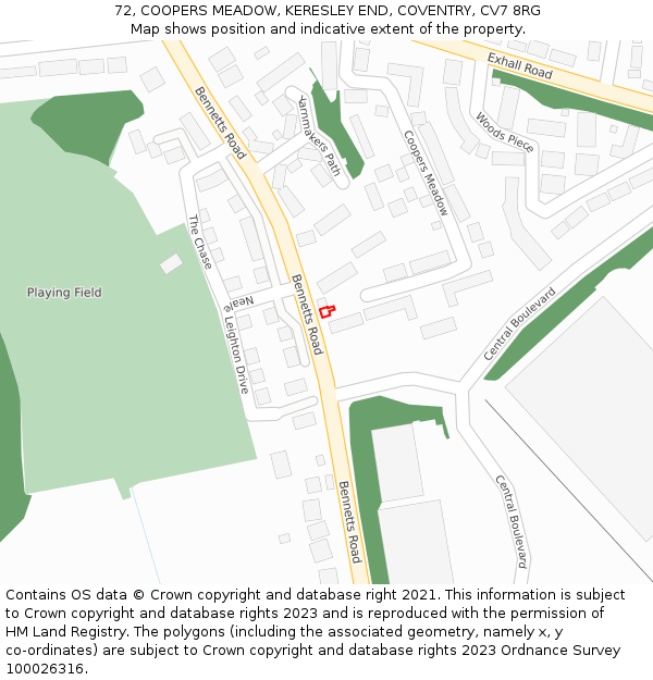 72, COOPERS MEADOW, KERESLEY END, COVENTRY, CV7 8RG: Location map and indicative extent of plot