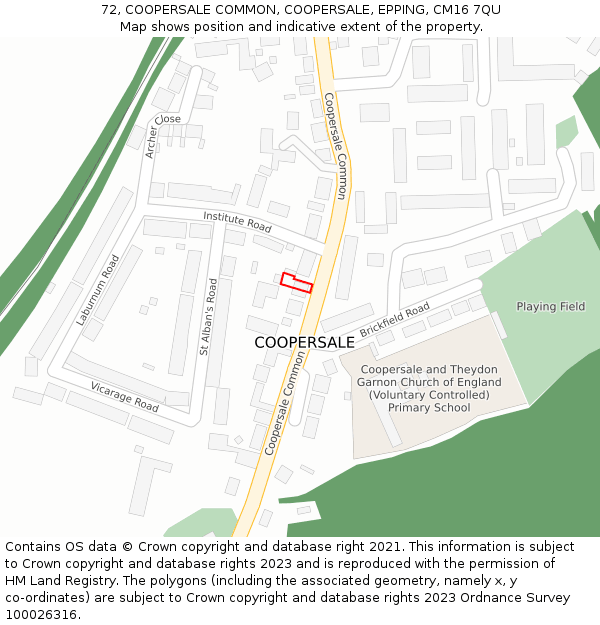 72, COOPERSALE COMMON, COOPERSALE, EPPING, CM16 7QU: Location map and indicative extent of plot