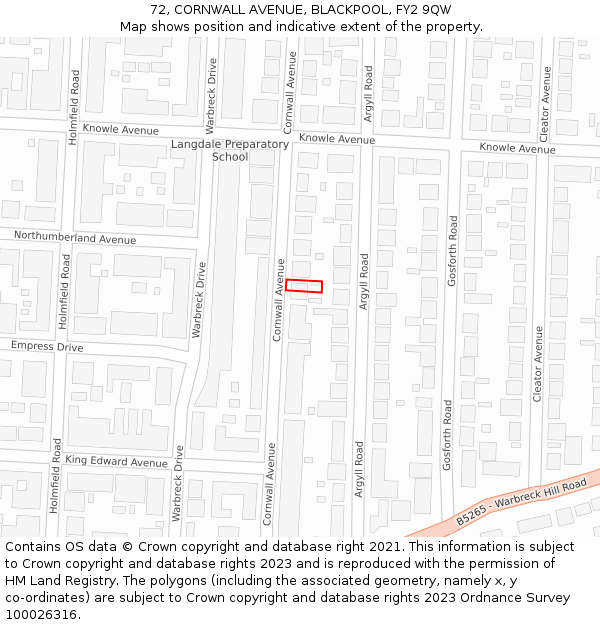 72, CORNWALL AVENUE, BLACKPOOL, FY2 9QW: Location map and indicative extent of plot