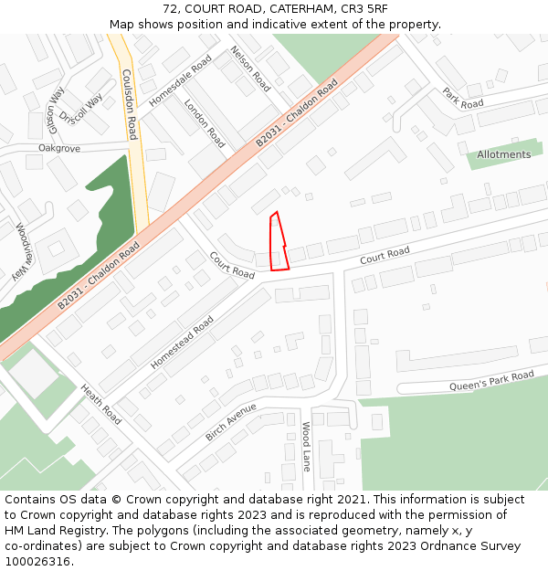 72, COURT ROAD, CATERHAM, CR3 5RF: Location map and indicative extent of plot