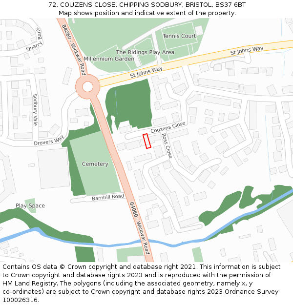 72, COUZENS CLOSE, CHIPPING SODBURY, BRISTOL, BS37 6BT: Location map and indicative extent of plot