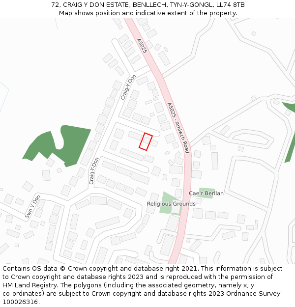 72, CRAIG Y DON ESTATE, BENLLECH, TYN-Y-GONGL, LL74 8TB: Location map and indicative extent of plot