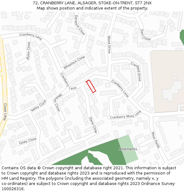 72, CRANBERRY LANE, ALSAGER, STOKE-ON-TRENT, ST7 2NX: Location map and indicative extent of plot