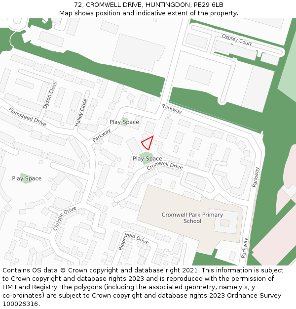 72, CROMWELL DRIVE, HUNTINGDON, PE29 6LB: Location map and indicative extent of plot