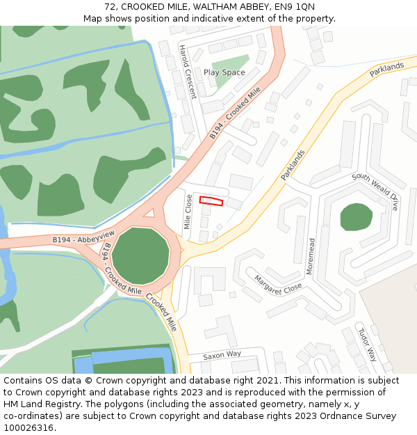 72, CROOKED MILE, WALTHAM ABBEY, EN9 1QN: Location map and indicative extent of plot