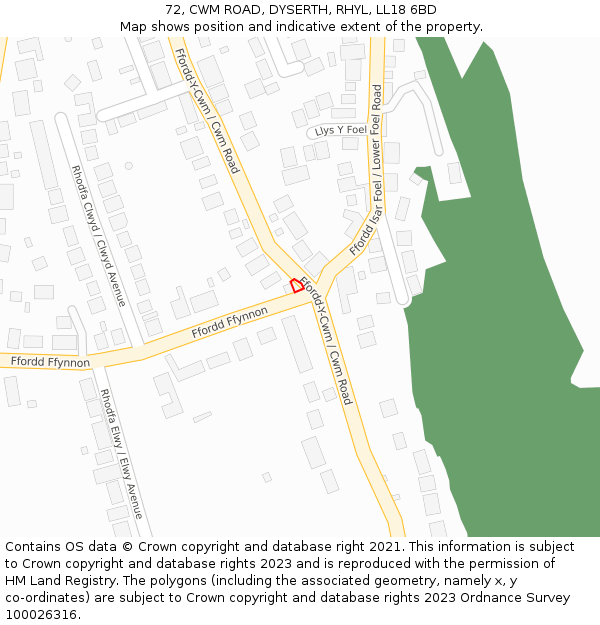 72, CWM ROAD, DYSERTH, RHYL, LL18 6BD: Location map and indicative extent of plot