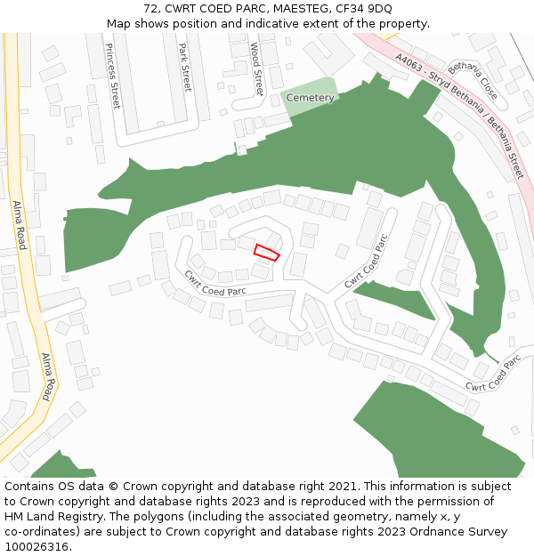 72, CWRT COED PARC, MAESTEG, CF34 9DQ: Location map and indicative extent of plot