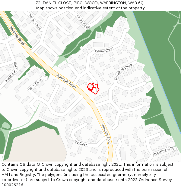 72, DANIEL CLOSE, BIRCHWOOD, WARRINGTON, WA3 6QL: Location map and indicative extent of plot