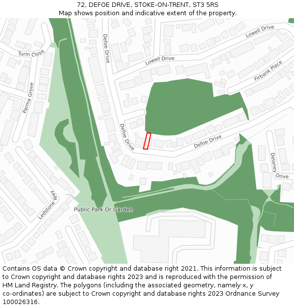 72, DEFOE DRIVE, STOKE-ON-TRENT, ST3 5RS: Location map and indicative extent of plot