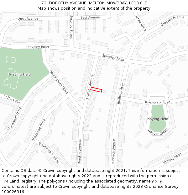 72, DOROTHY AVENUE, MELTON MOWBRAY, LE13 0LB: Location map and indicative extent of plot