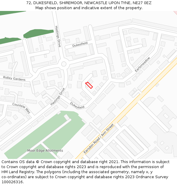 72, DUKESFIELD, SHIREMOOR, NEWCASTLE UPON TYNE, NE27 0EZ: Location map and indicative extent of plot