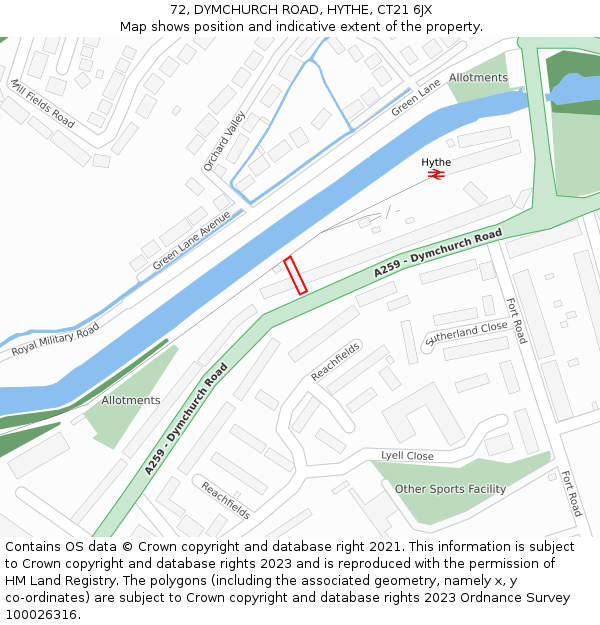 72, DYMCHURCH ROAD, HYTHE, CT21 6JX: Location map and indicative extent of plot