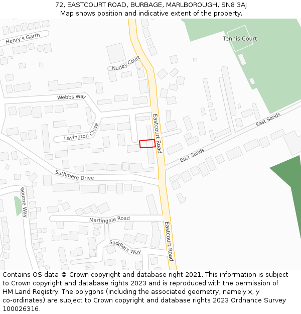 72, EASTCOURT ROAD, BURBAGE, MARLBOROUGH, SN8 3AJ: Location map and indicative extent of plot