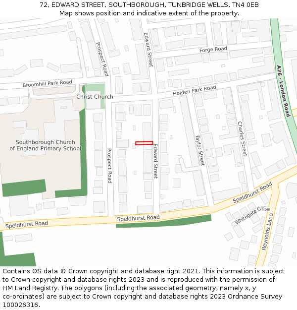 72, EDWARD STREET, SOUTHBOROUGH, TUNBRIDGE WELLS, TN4 0EB: Location map and indicative extent of plot