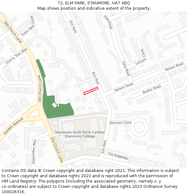 72, ELM PARK, STANMORE, HA7 4BQ: Location map and indicative extent of plot