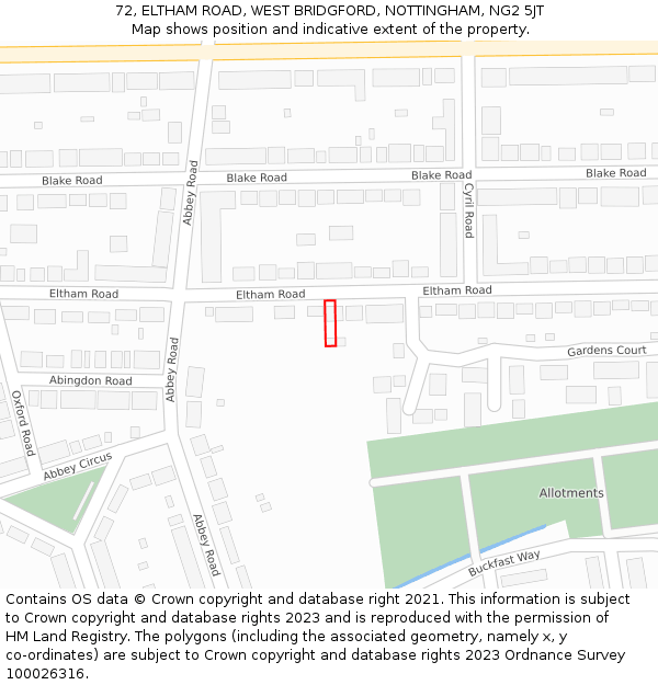 72, ELTHAM ROAD, WEST BRIDGFORD, NOTTINGHAM, NG2 5JT: Location map and indicative extent of plot