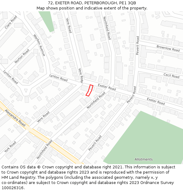 72, EXETER ROAD, PETERBOROUGH, PE1 3QB: Location map and indicative extent of plot